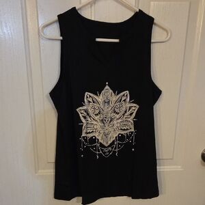 Black Sleeveless Top with White Mandala Design Size Medium